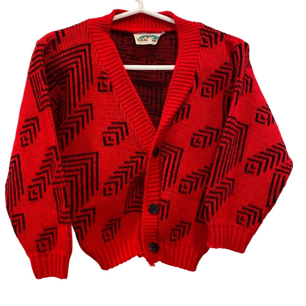 The‎ Club House Kids Vintage Red Black Geometric Knit Cardigan Sweater 3T USA